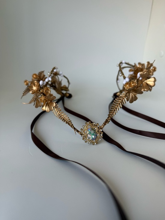 Gold Floral Bridal Crown Boho Goddess Headpiece w/ Crystal + Ribbon Tie main image 8